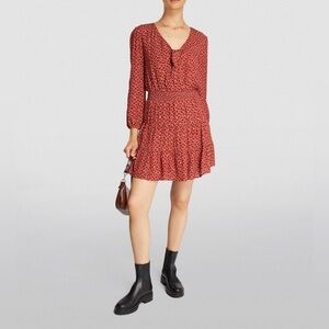 Paige Sandee Ikat Graphic Print Smocked Waist Mini Dress in Papaya Multi Size XS